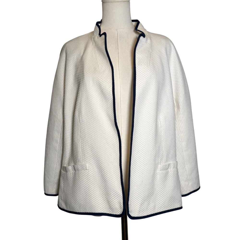 Talbots Petites White Waffle Weave Open Front Blazer Navy Trim 16P